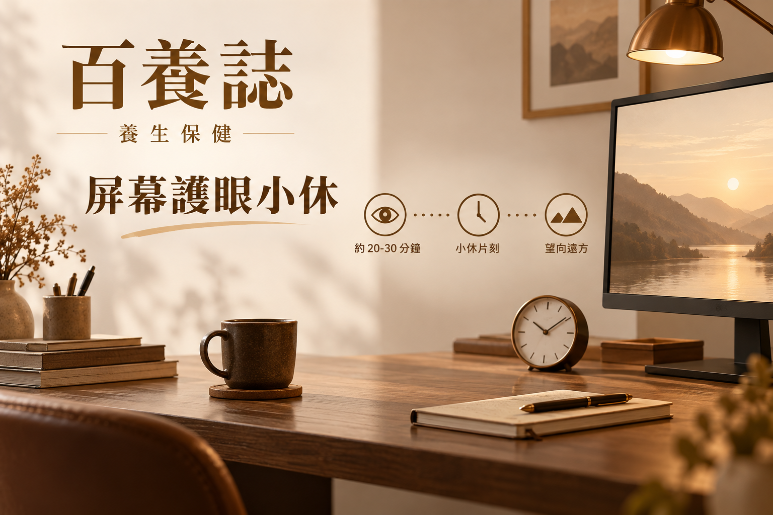 金銅啡米白屏幕、遠望窗景、眨眼與時鐘圖示封面，文字為養生保健、屏幕護眼小休、百養誌