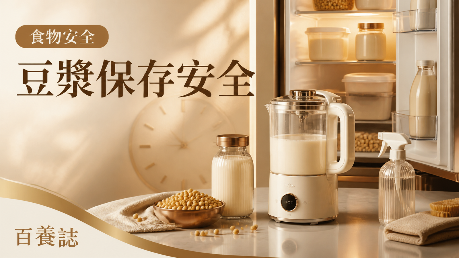 金銅啡米白豆漿壺、黃豆、清潔瓶與雪櫃封面，文字為食物安全、豆漿保存安全、百養誌