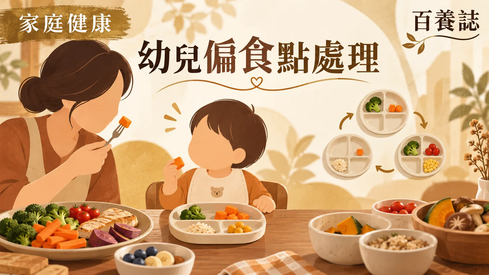 金銅啡米白家庭餐桌、幼兒小碟與多樣食物封面，文字為家庭健康、幼兒偏食點處理、百養誌