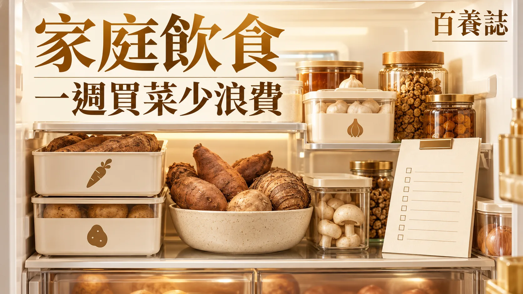 金銅啡米白雪櫃盤點清單與三層食材封面,文字為家庭飲食、一週買菜少浪費、百養誌