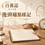 金銅啡米白頭痛記錄簿、時鐘、水杯、餐碟和抽象頭部線稿封面，文字為養生保健、午後頭痛點樣記、百養誌