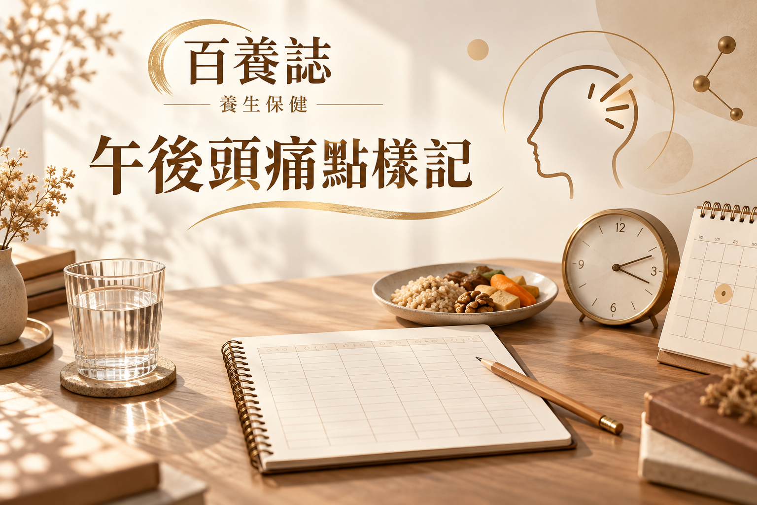 金銅啡米白頭痛記錄簿、時鐘、水杯、餐碟和抽象頭部線稿封面，文字為養生保健、午後頭痛點樣記、百養誌
