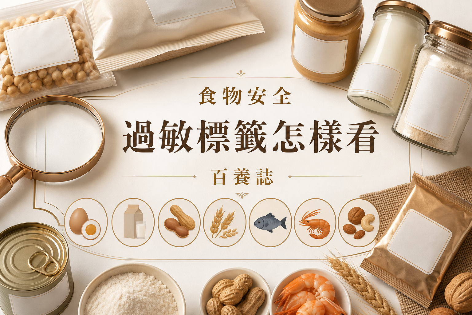 金銅啡米白食品包裝、放大鏡與常見致敏食物圖示封面，文字為食物安全、過敏標籤怎樣看、百養誌