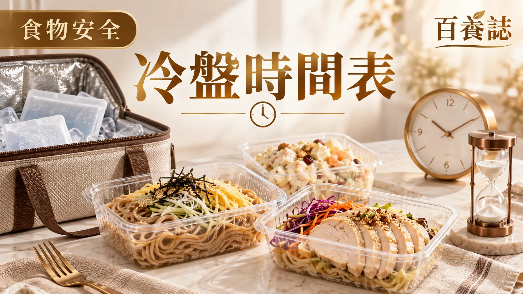金銅啡米白冷麵沙律冷盤與保冷袋封面,文字為食物安全、冷盤時間表、百養誌