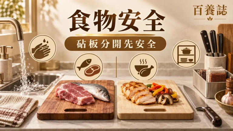 金銅啡米白兩塊分開砧板、生熟食、刀具與清潔圖示封面，文字為食物安全、砧板分開先安全、百養誌