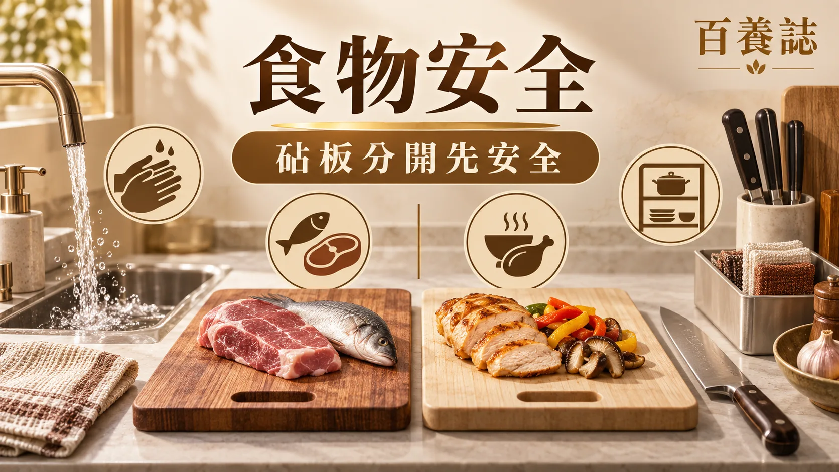 金銅啡米白兩塊分開砧板、生熟食、刀具與清潔圖示封面，文字為食物安全、砧板分開先安全、百養誌