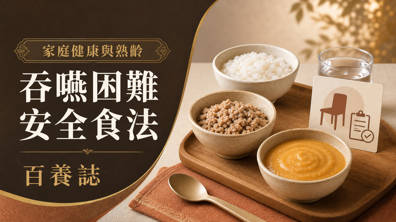 軟飯、濕潤碎餐和糊餐分碗放置，旁有百養誌吞嚥困難安全食法標題