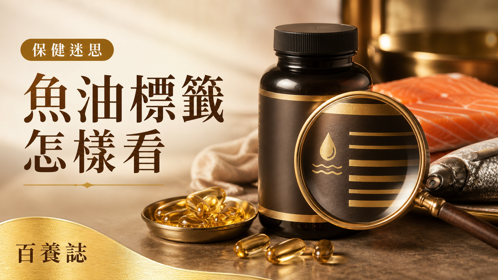 金銅啡米白無品牌魚油瓶、膠囊、魚與標籤放大鏡封面，文字為保健迷思、魚油標籤怎樣看、百養誌