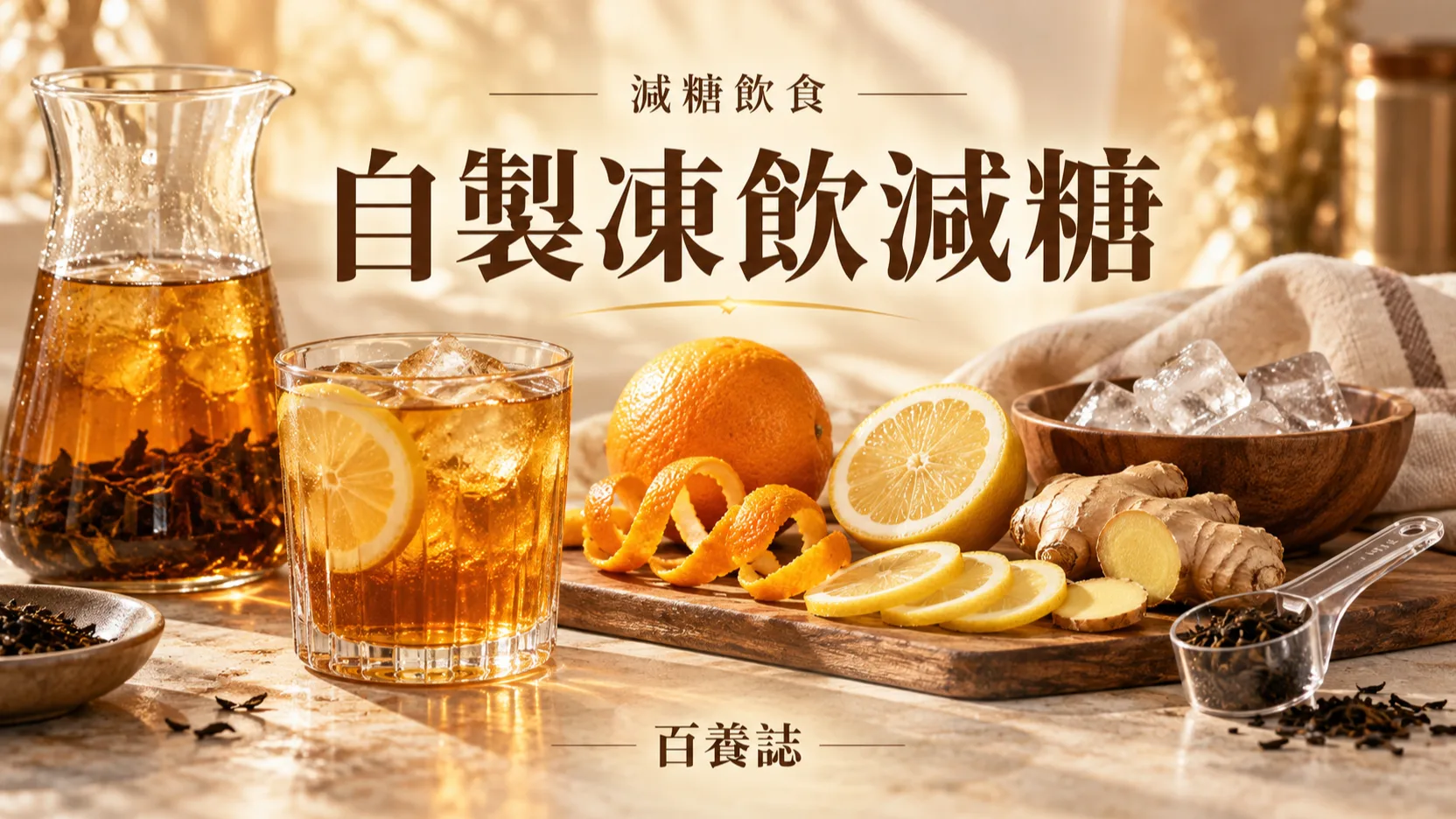 琥珀色凍茶配柑橘皮與冰塊的米白夏日飲品畫面