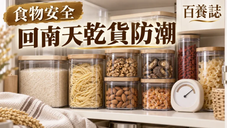 金銅啡米白米麵果仁、密封罐、濕度計與霉點警示封面，文字為食物安全、回南天乾貨防潮、百養誌