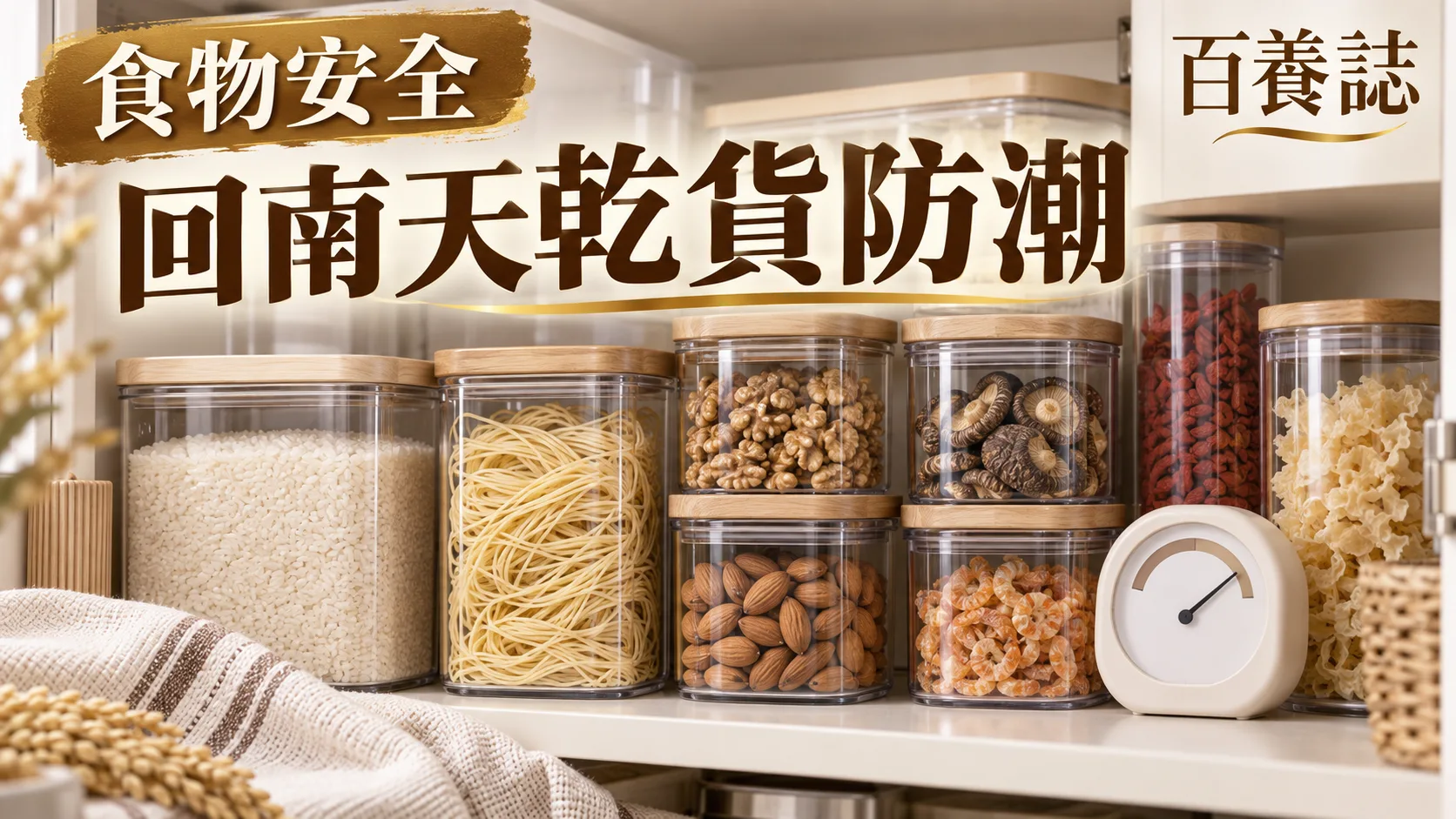 金銅啡米白米麵果仁、密封罐、濕度計與霉點警示封面，文字為食物安全、回南天乾貨防潮、百養誌