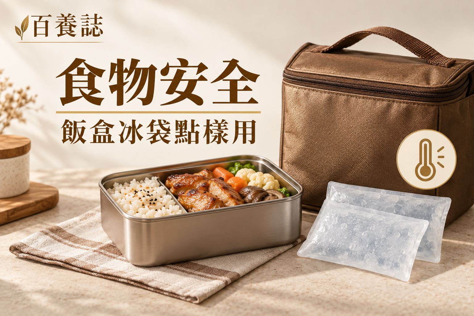 金銅啡米白飯盒、冰袋、保溫袋與時間溫度圖示封面，文字為食物安全、飯盒冰袋點樣用、百養誌