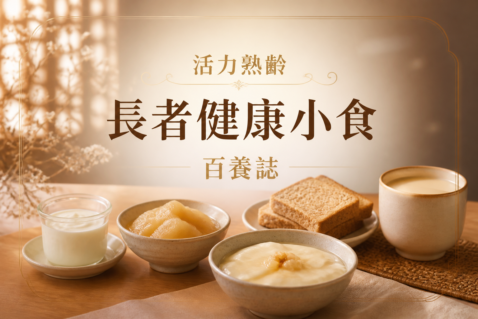 金銅啡米白色小份乳酪、軟水果、豆腐花、多士與豆奶封面，文字為活力熟齡、長者健康小食、百養誌