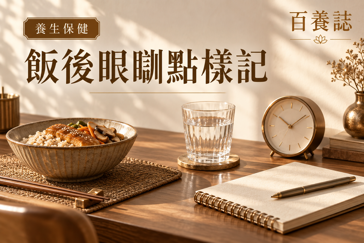 金銅啡米白午餐、清水、時鐘與空白記錄簿封面，文字為養生保健、飯後眼瞓點樣記、百養誌