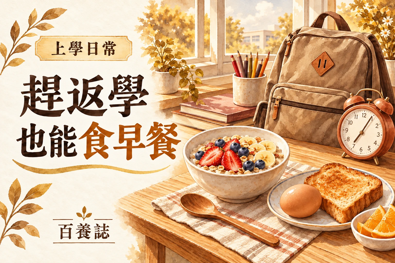 金啡色書包、銅色時鐘、麥片水果及多士雞蛋，示意上學前早餐安排。