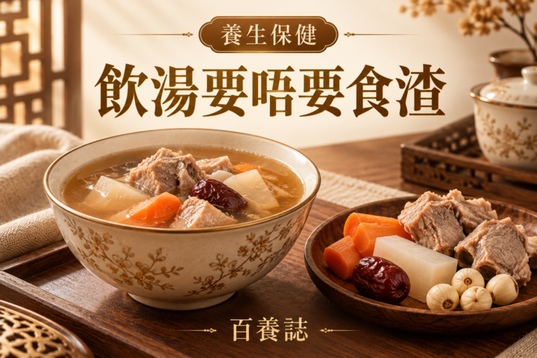 金銅啡米白家常湯和分開盛載的肉菜湯料封面，文字為養生保健、飲湯要唔要食渣、百養誌
