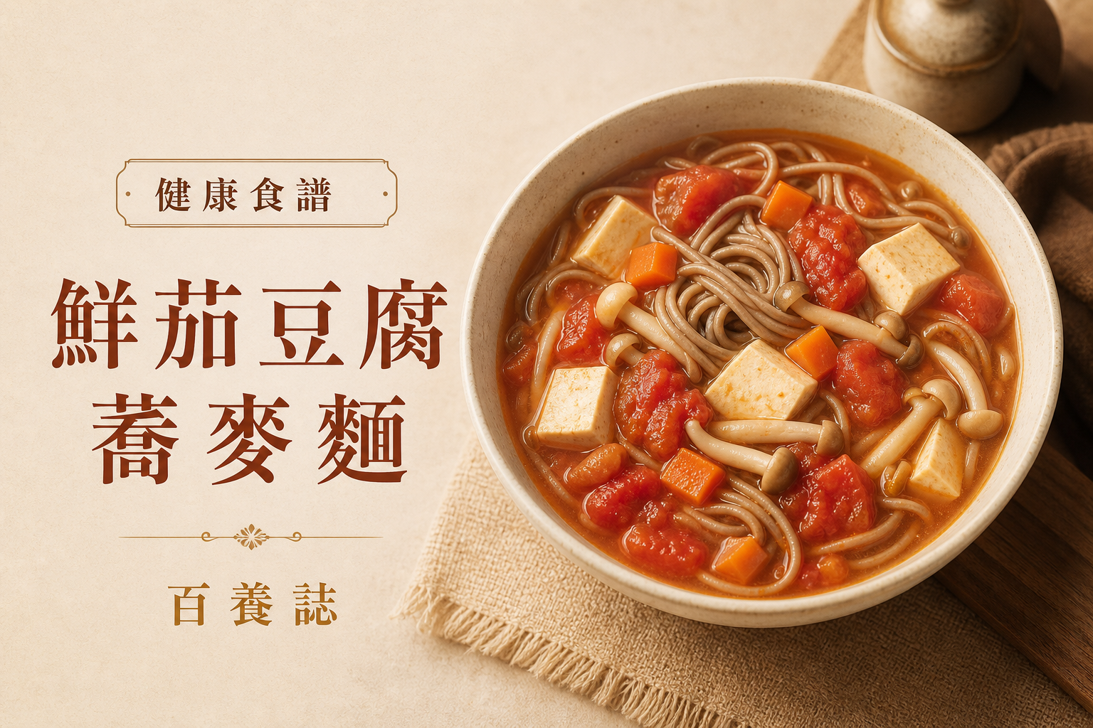 金銅米白餐桌上的鮮茄豆腐蕎麥暖湯麵，文字為健康食譜、鮮茄豆腐蕎麥麵、百養誌
