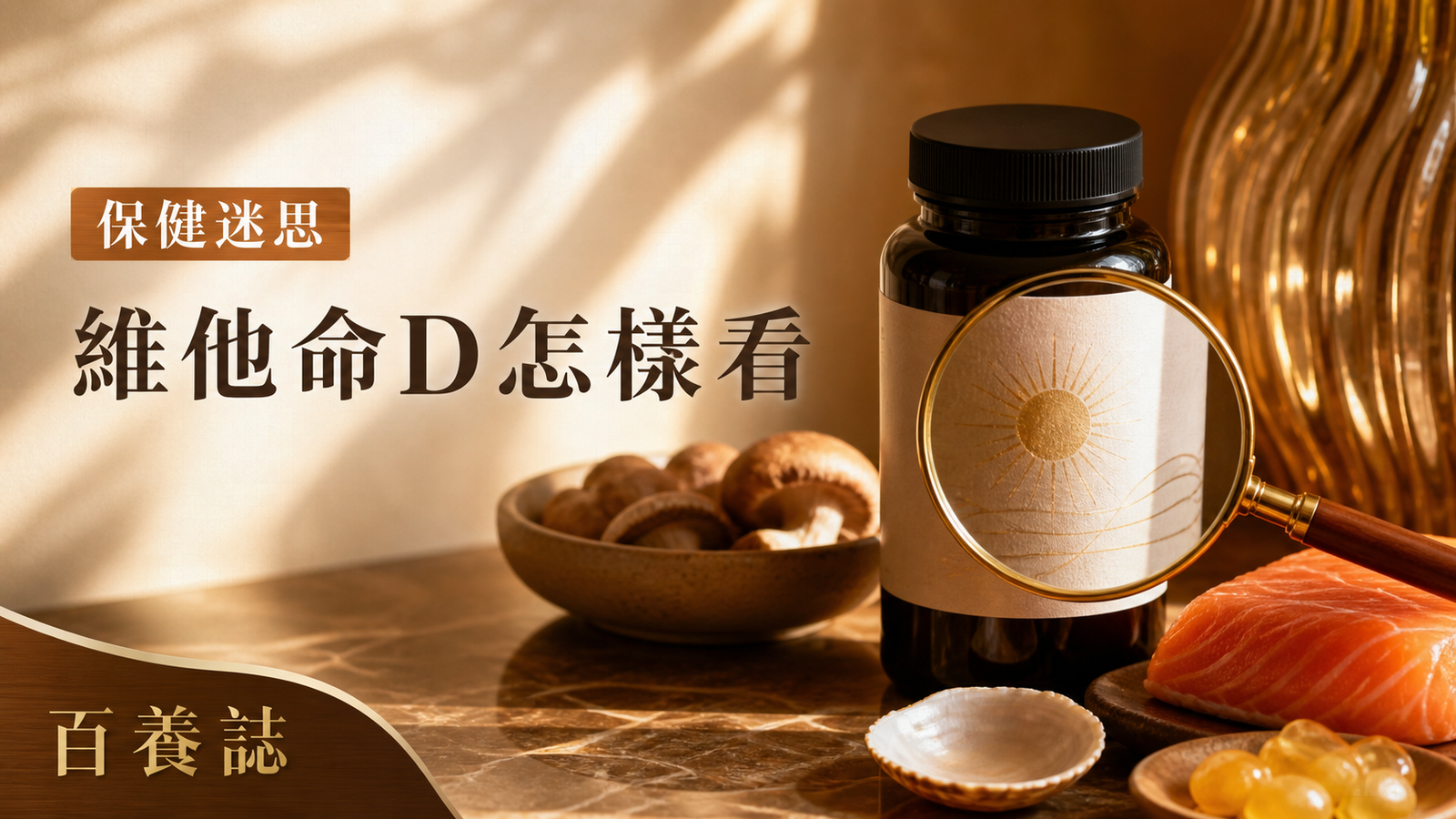 金銅啡米白無品牌維他命D補充劑瓶、陽光、放大鏡與食物封面，文字為保健迷思、維他命D怎樣看、百養誌