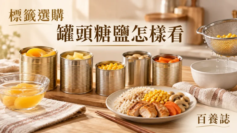 金銅啡米白罐頭水果蔬菜、瀝水籃與營養標籤封面，文字為營養選擇、罐頭果菜怎樣揀、百養誌