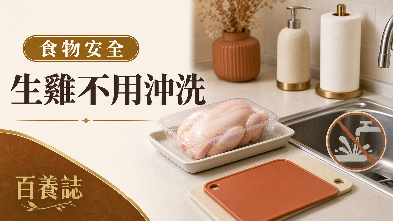 生雞放在獨立托盤，旁有水槽禁止沖洗圖示及百養誌生雞不用沖洗標題
