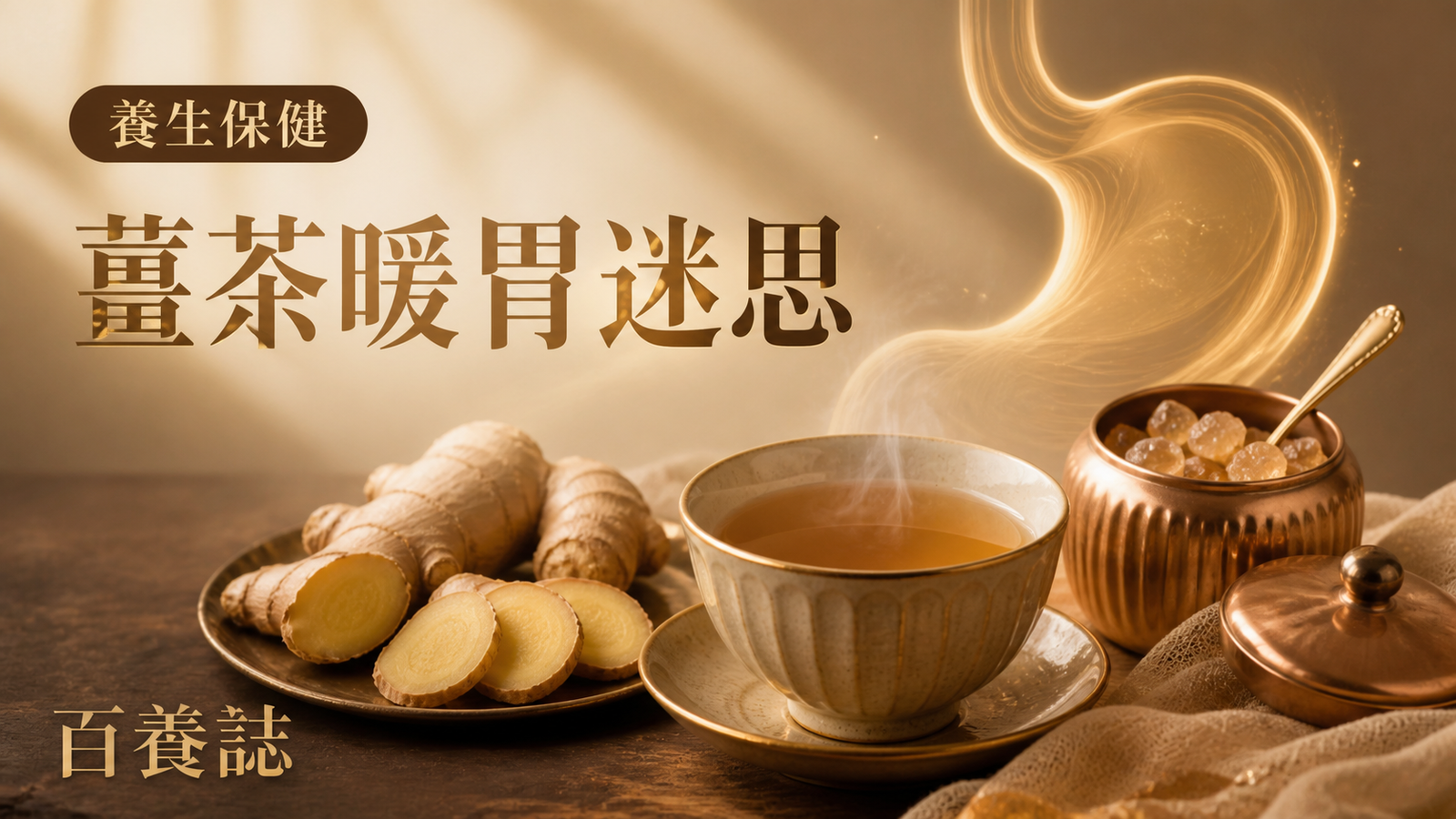 金銅啡米白薑片、暖茶、糖罐與柔和胃部輪廓封面，文字為養生保健、薑茶暖胃迷思、百養誌