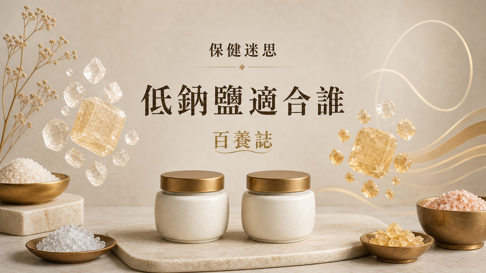 金銅啡米白低鈉鹽容器、鹽晶與腎臟輪廓封面，文字為保健迷思、低鈉鹽適合誰、百養誌