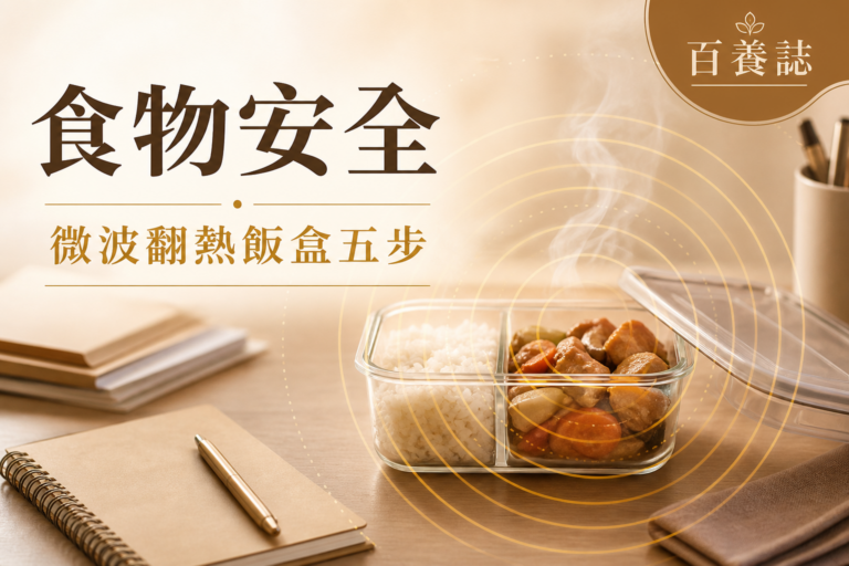 金銅啡米白色玻璃飯盒、蒸氣及微波同心波紋封面，文字為食物安全、微波翻熱飯盒五步、百養誌
