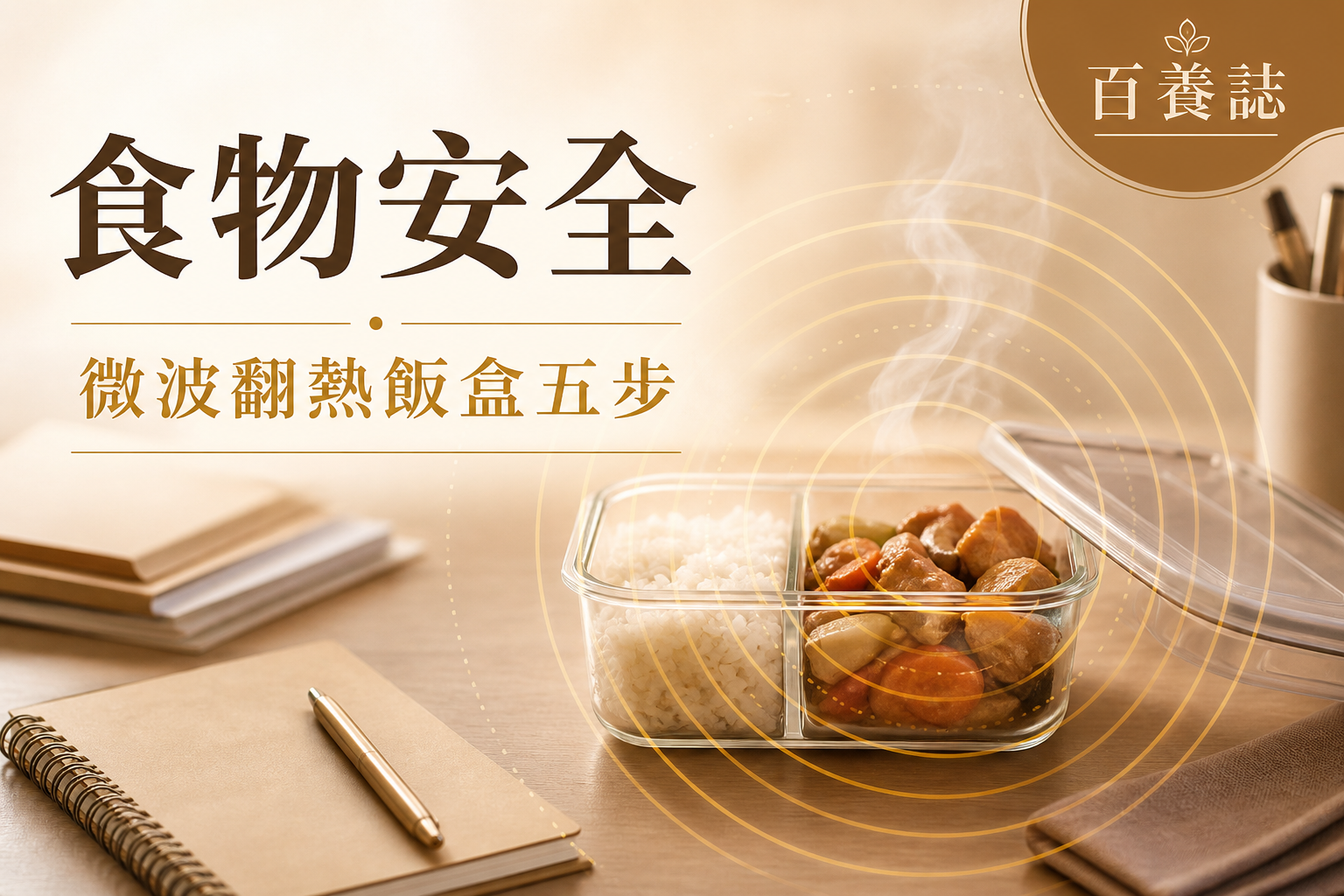 金銅啡米白色玻璃飯盒、蒸氣及微波同心波紋封面，文字為食物安全、微波翻熱飯盒五步、百養誌
