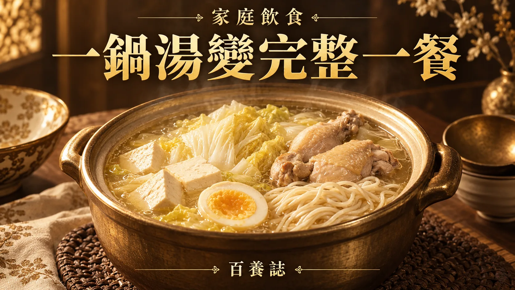 金銅啡米白湯鍋與蔬菜蛋白質主食封面,文字為家庭飲食、一鍋湯變完整一餐、百養誌