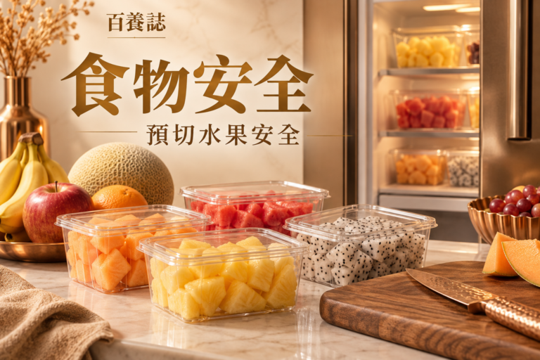 金銅啡米白預切水果、冷藏盒、雪花與洗手圖示封面，文字為食物安全、預切水果安全、百養誌