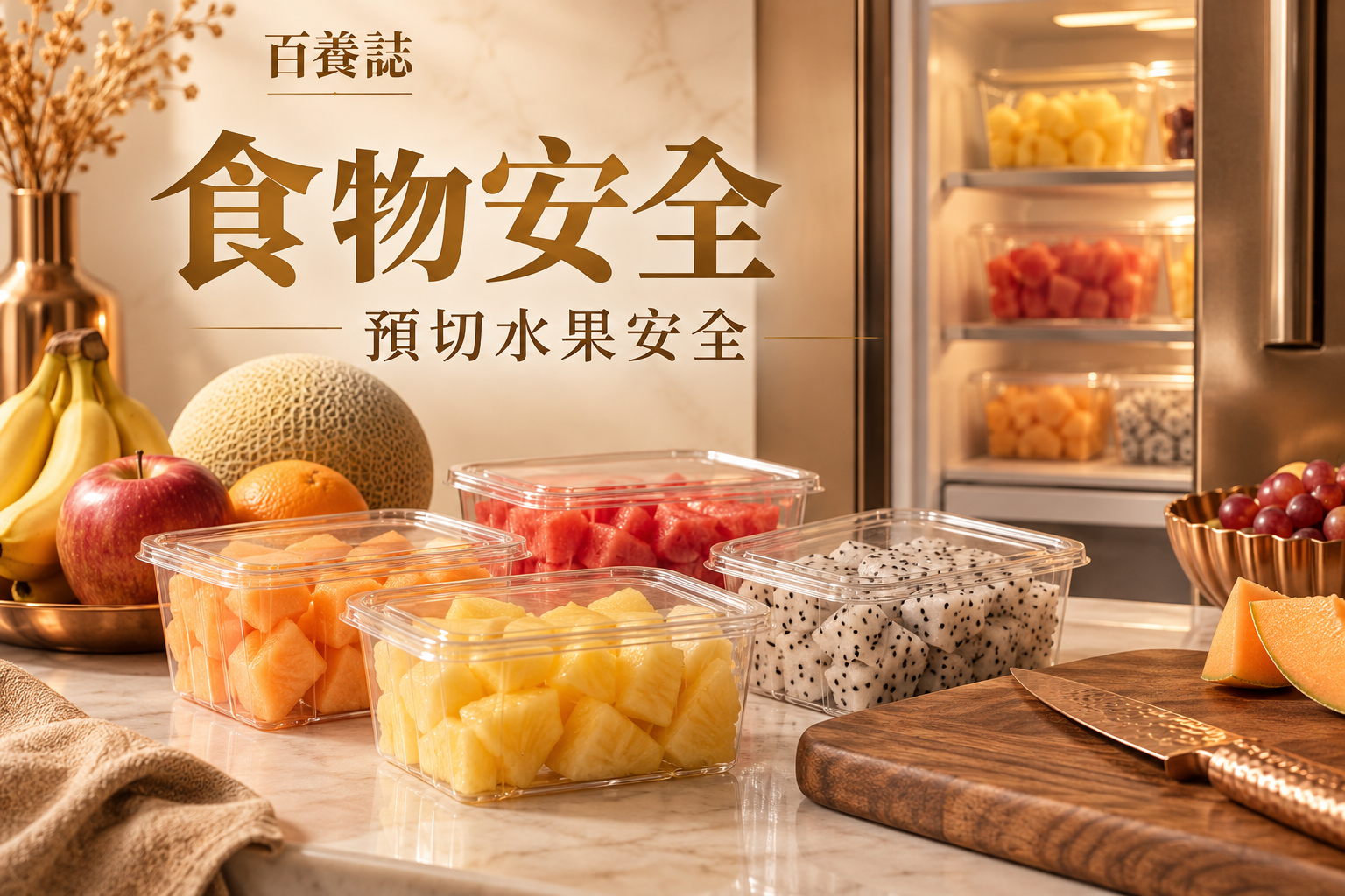 金銅啡米白預切水果、冷藏盒、雪花與洗手圖示封面，文字為食物安全、預切水果安全、百養誌
