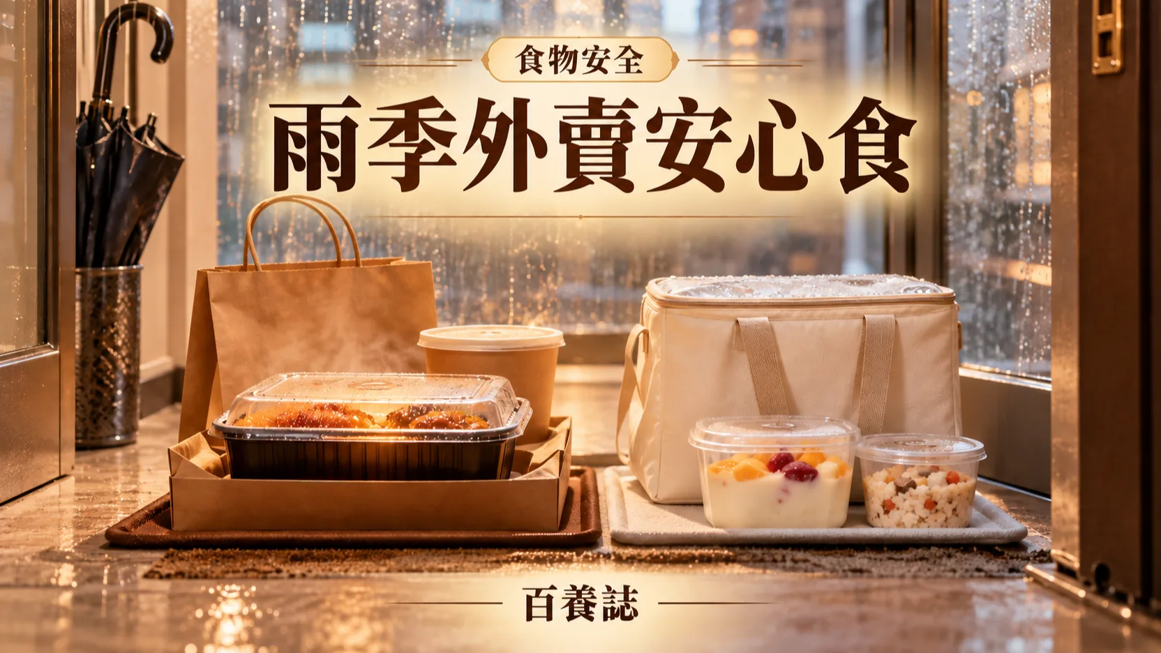 雨窗旁分開擺放的熱食外賣盒與冷食袋