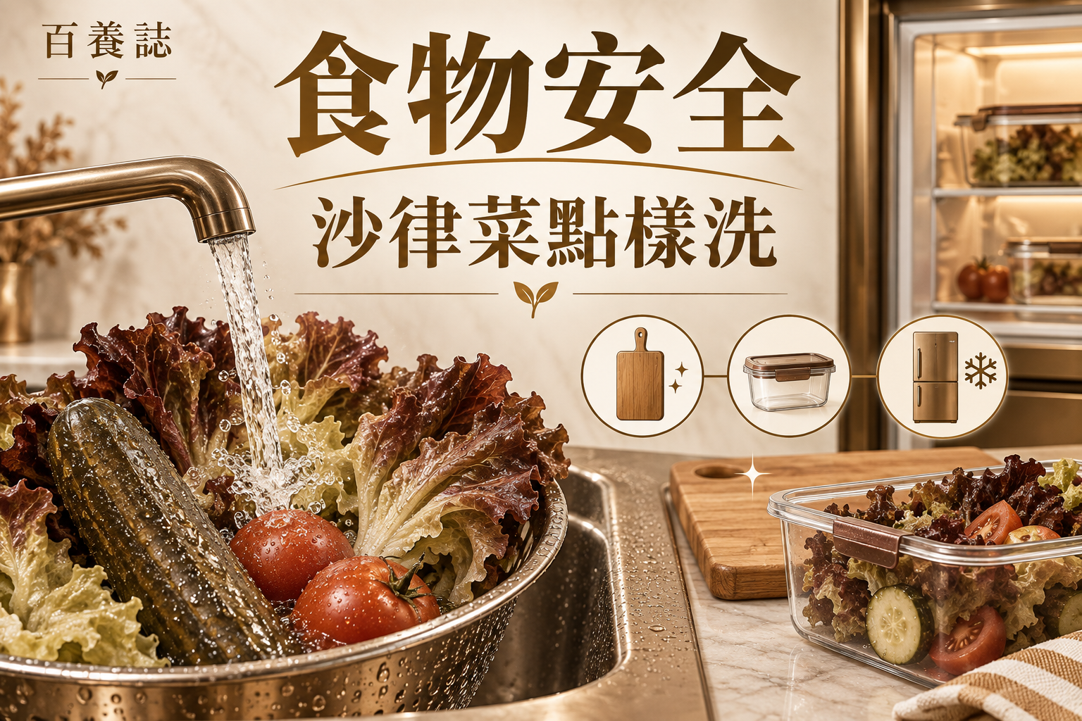金銅啡米白生菜、青瓜、番茄、流動清水、砧板、冷藏盒與雪櫃封面，文字為食物安全、沙律菜點樣洗、百養誌