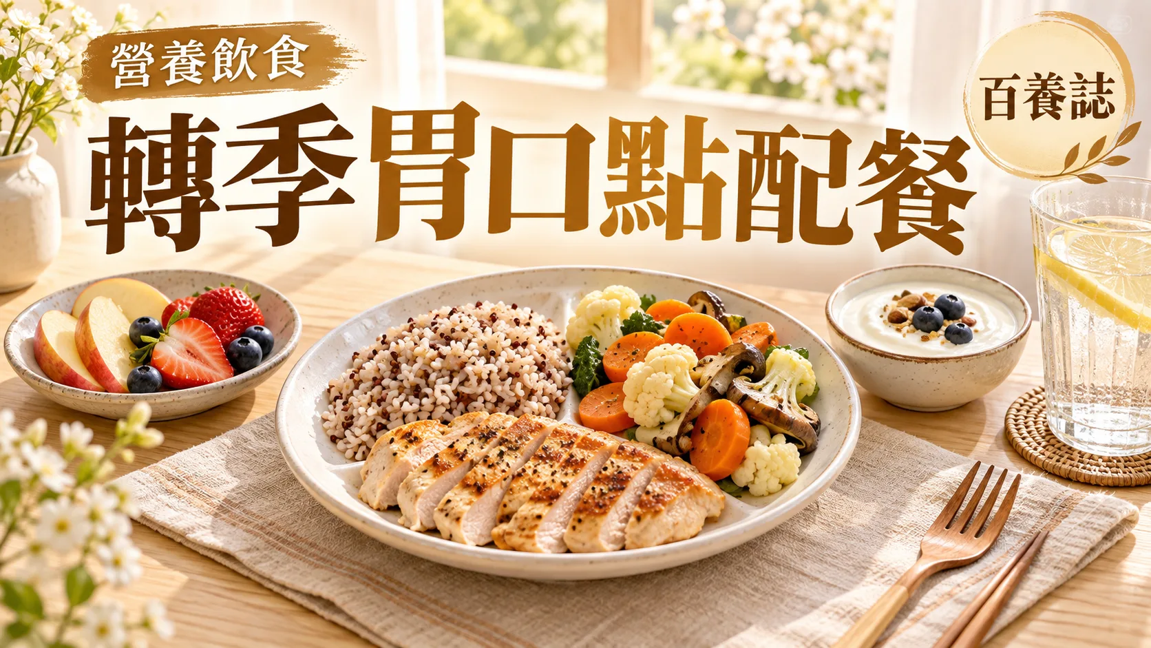 金銅啡米白三餐餐盤與春季日光封面，文字為營養飲食、轉季胃口點配餐、百養誌