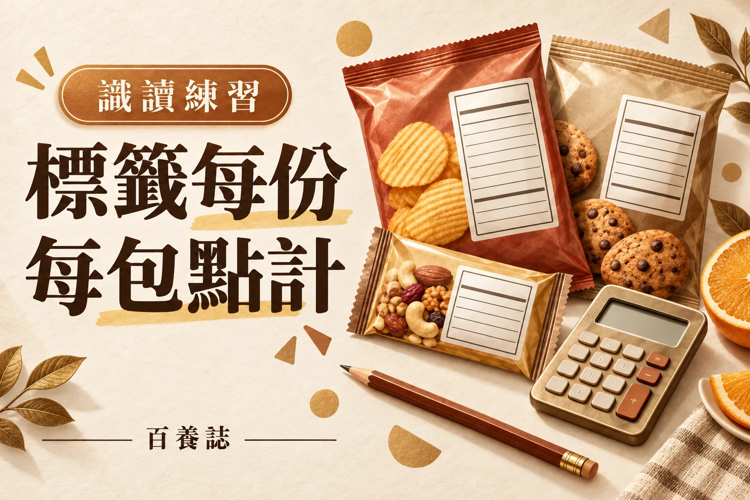 無品牌金土色包裝與銅色計算機；包裝沒有真實營養數據，只作識讀概念插畫。