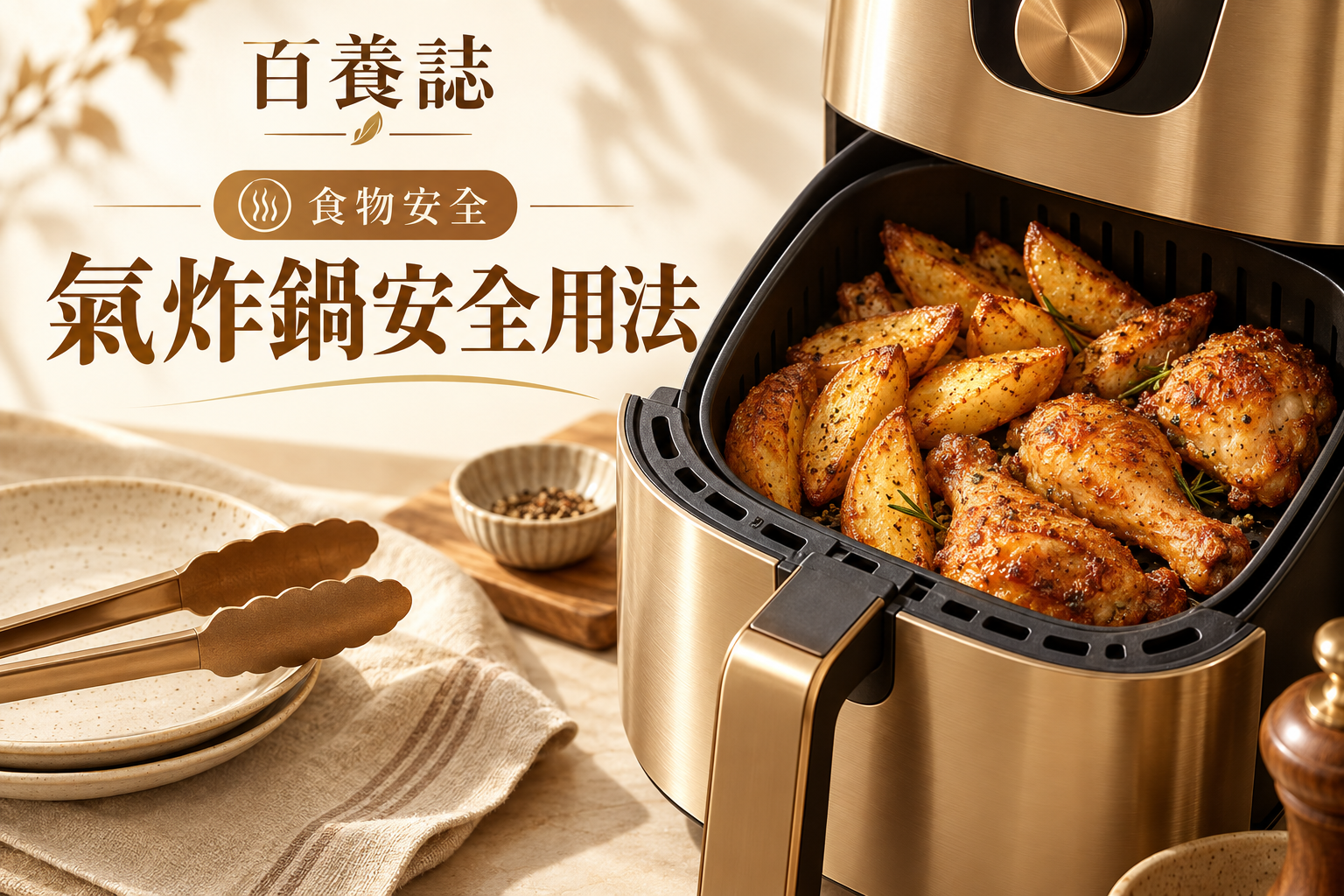 金銅啡米白氣炸鍋、雞件、薯角和食物夾封面，文字為食物安全、氣炸鍋安全用法、百養誌