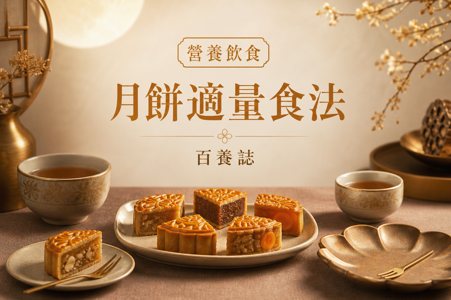 金銅啡米白色多款月餅切成小件與茶杯分享封面，文字為營養飲食、月餅適量食法、百養誌