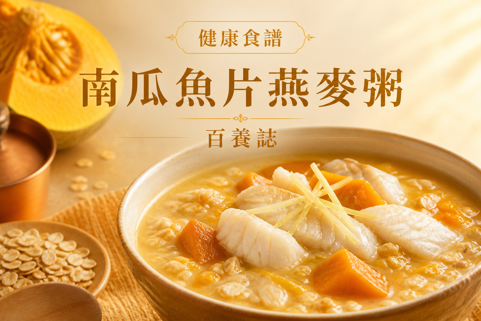 金銅啡米白南瓜魚片燕麥粥、南瓜與燕麥封面，文字為健康食譜、南瓜魚片燕麥粥、百養誌