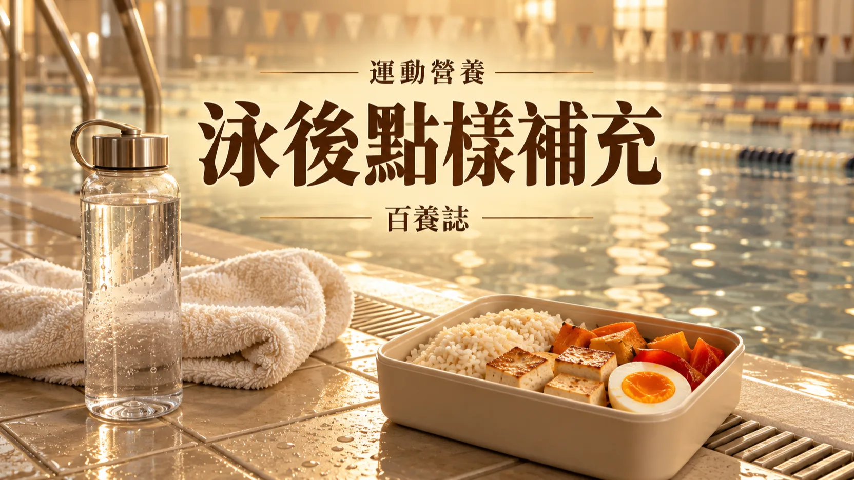 泳池邊的水樽、毛巾與豆腐飯餐盒恢復餐示意