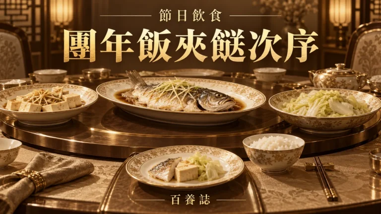 金銅啡米白團年飯多道菜與餐盤封面，文字為節日飲食、團年飯夾餸次序、百養誌