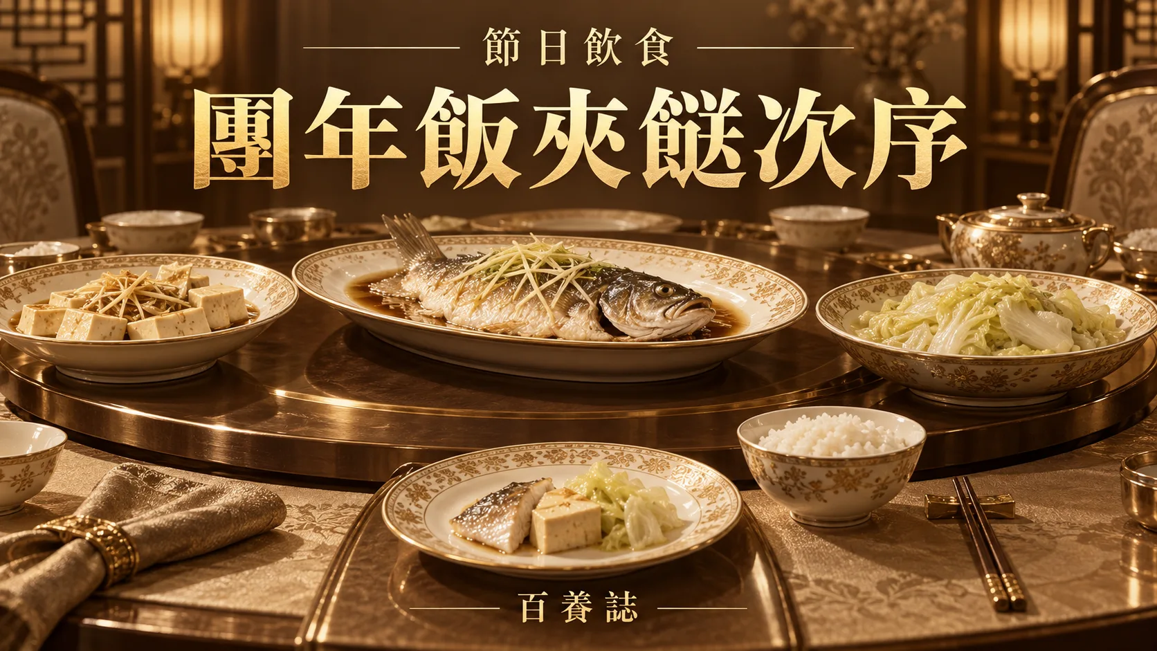 金銅啡米白團年飯多道菜與餐盤封面，文字為節日飲食、團年飯夾餸次序、百養誌