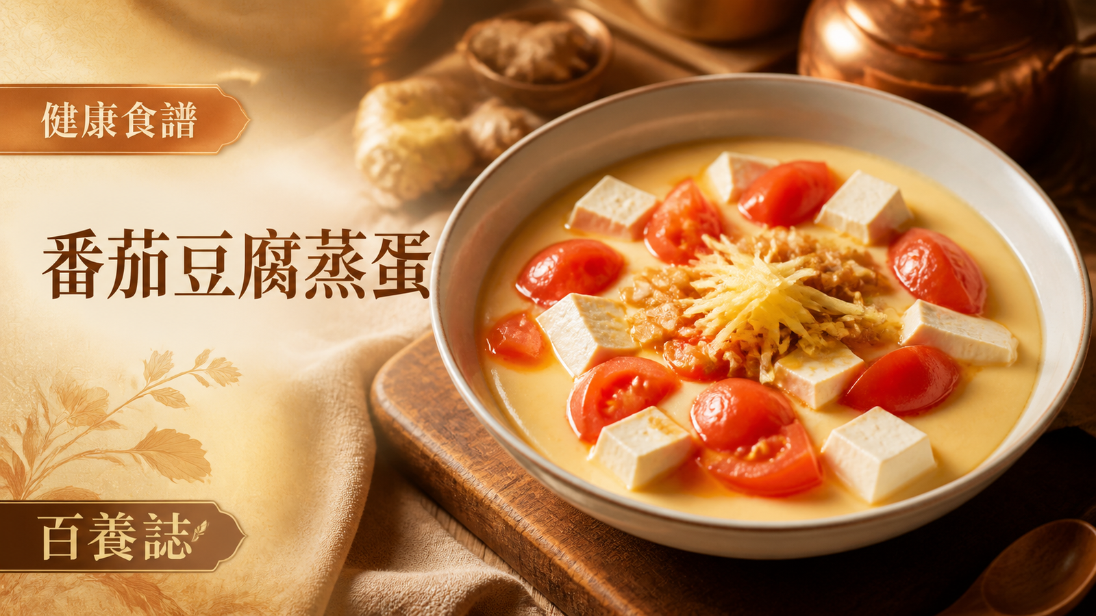 金銅啡米白番茄豆腐蒸蛋、番茄、豆腐與薑封面，文字為健康食譜、番茄豆腐蒸蛋、百養誌