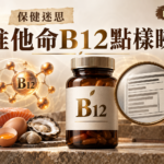 金銅啡米白無品牌B12補充劑瓶、食物來源、成分標籤與放大鏡封面，文字為保健迷思、維他命B12點樣睇、百養誌