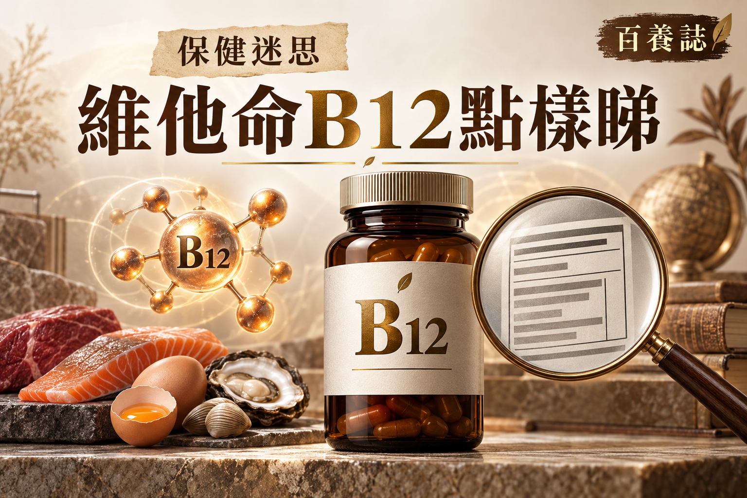 金銅啡米白無品牌B12補充劑瓶、食物來源、成分標籤與放大鏡封面,文字為保健迷思、維他命B12點樣睇、百養誌