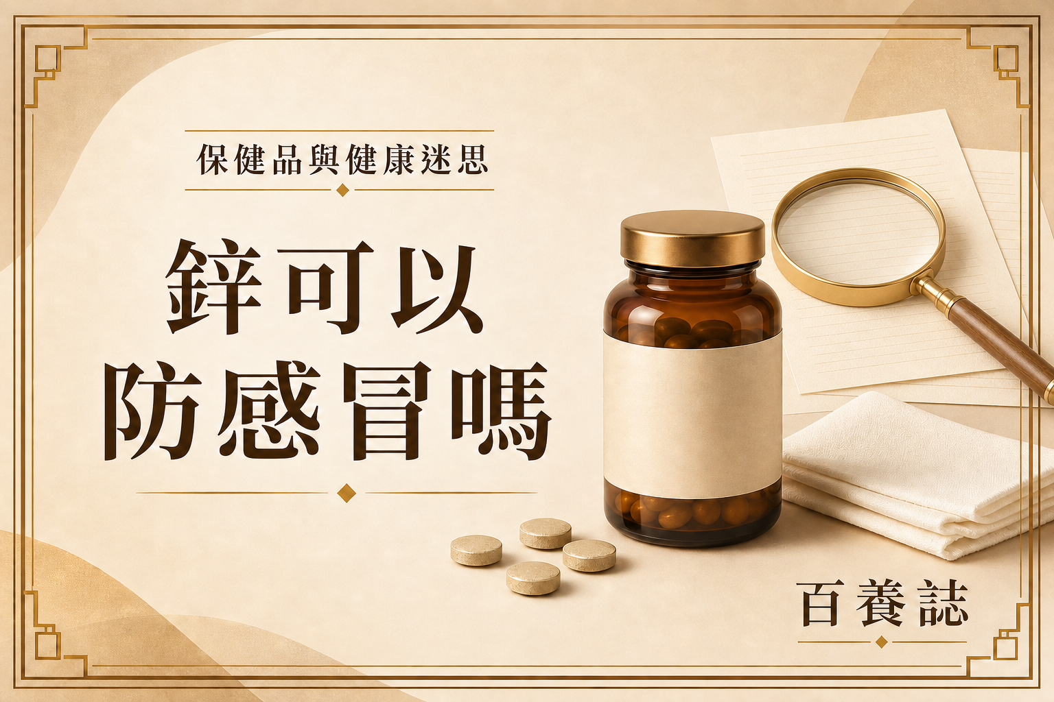 金銅啡米白色鋅補充劑樽、放大鏡與無字研究紙張，文字為保健品與健康迷思、鋅可以防感冒嗎、百養誌
