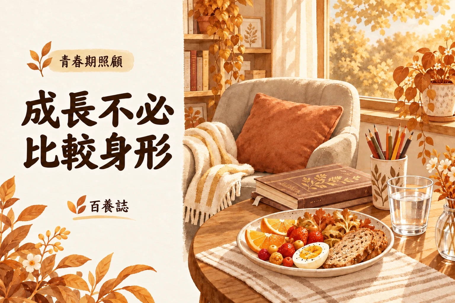 暖啡椅子、銅色靠墊、米白書本與食物飲水，呈現不比較身形的自我照顧。