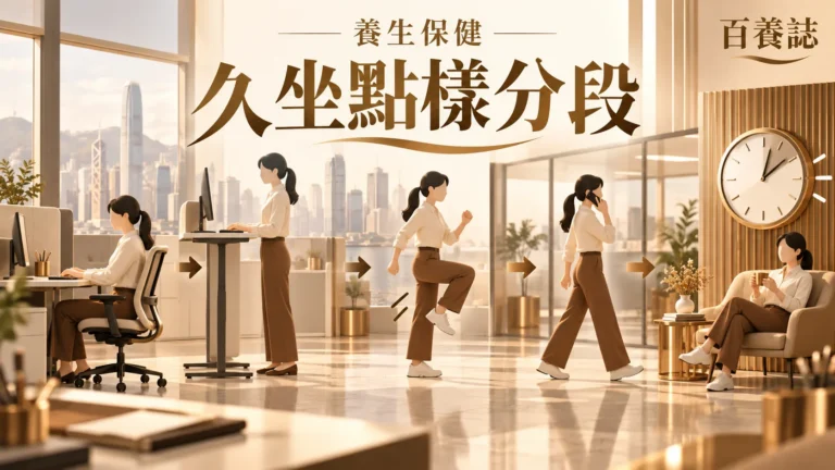 金銅啡米白辦公椅、站立、步行、樓梯與時間提示封面，文字為養生保健、久坐點樣分段、百養誌