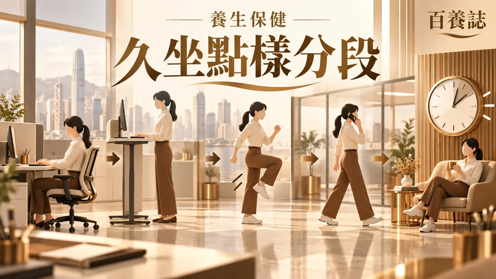 金銅啡米白辦公椅、站立、步行、樓梯與時間提示封面,文字為養生保健、久坐點樣分段、百養誌