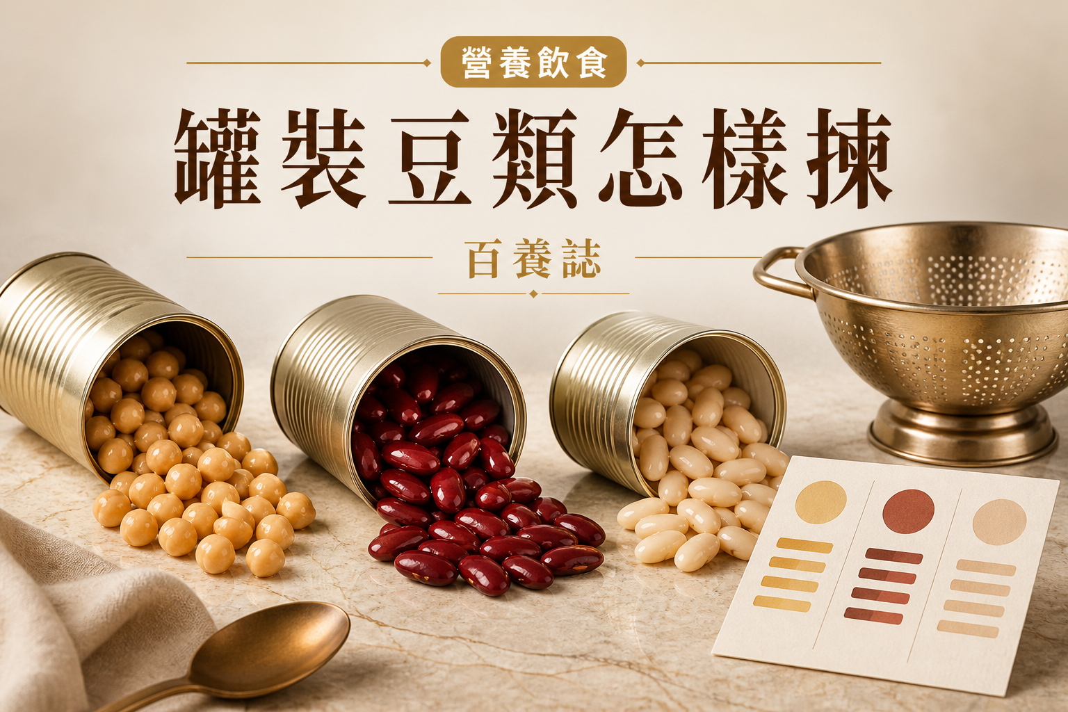 金銅啡米白色鷹嘴豆、紅腰豆、白豆罐頭、瀝水篩與無字比較卡封面，文字為營養飲食、罐裝豆類怎樣揀、百養誌