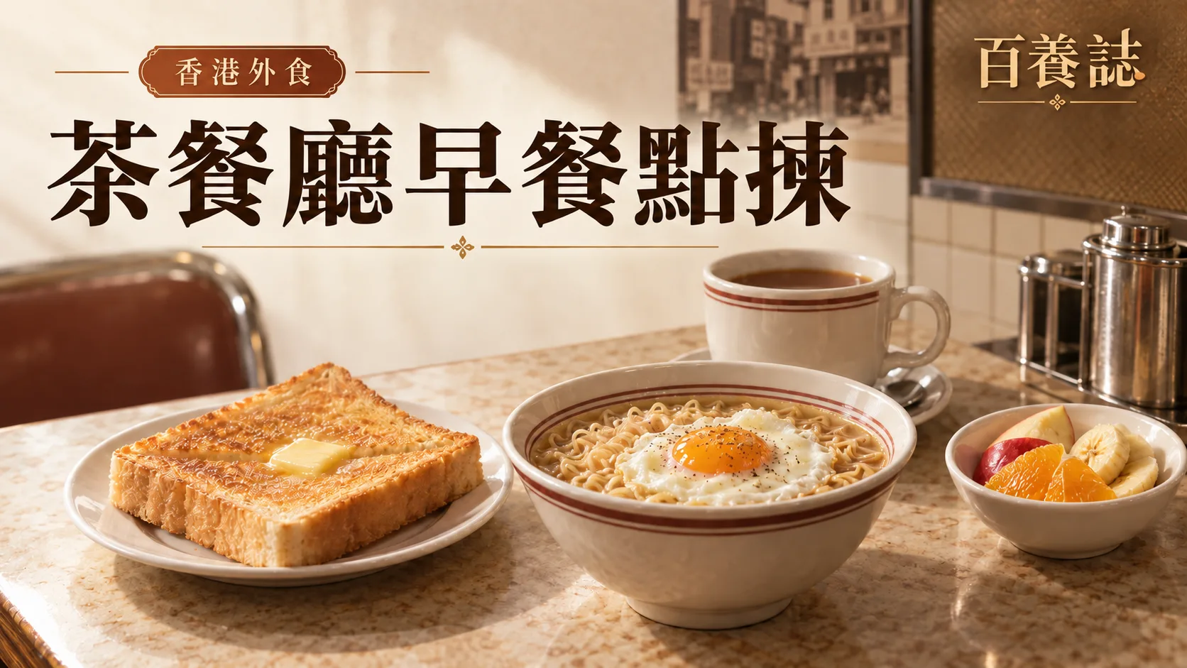 金銅啡米白香港茶餐廳早餐餐桌封面,文字為香港外食、茶餐廳早餐點揀、百養誌